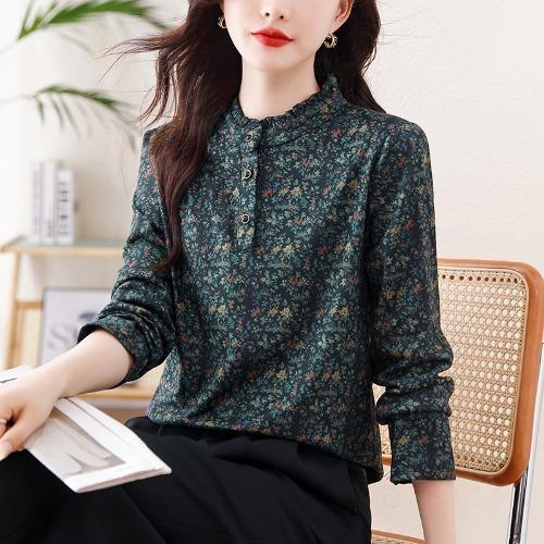 大码木耳边立领长袖打底衬衫女秋冬新款洋气减龄小衫加厚磨毛上衣