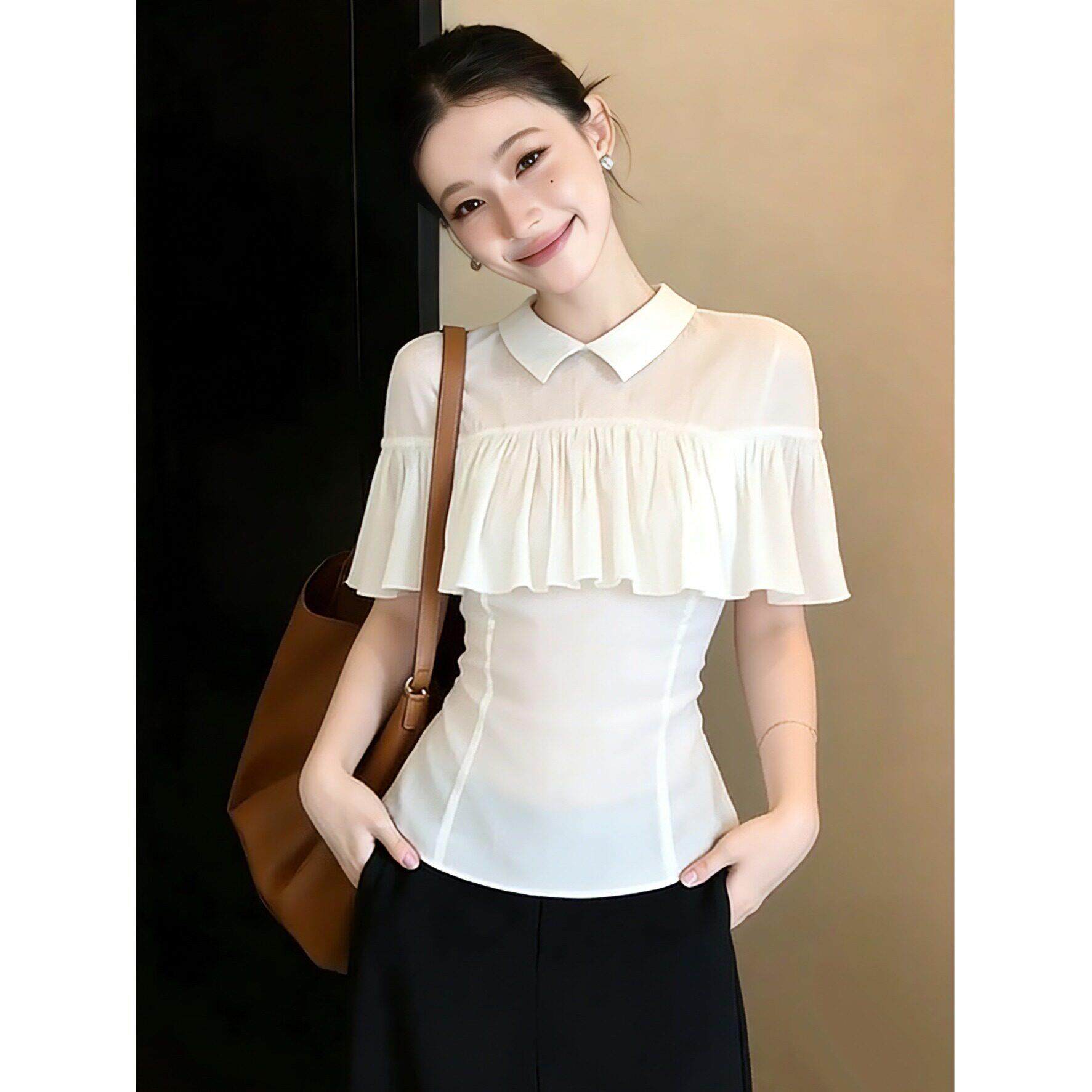 薄款白色斗篷式雪纺短袖衬衫女2026新款夏季大码胖mm独特漂亮上衣