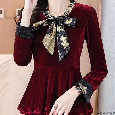 大码蝴蝶结拼接金丝绒打底衬衫女秋装高级感轻奢减龄洋气收腰上衣