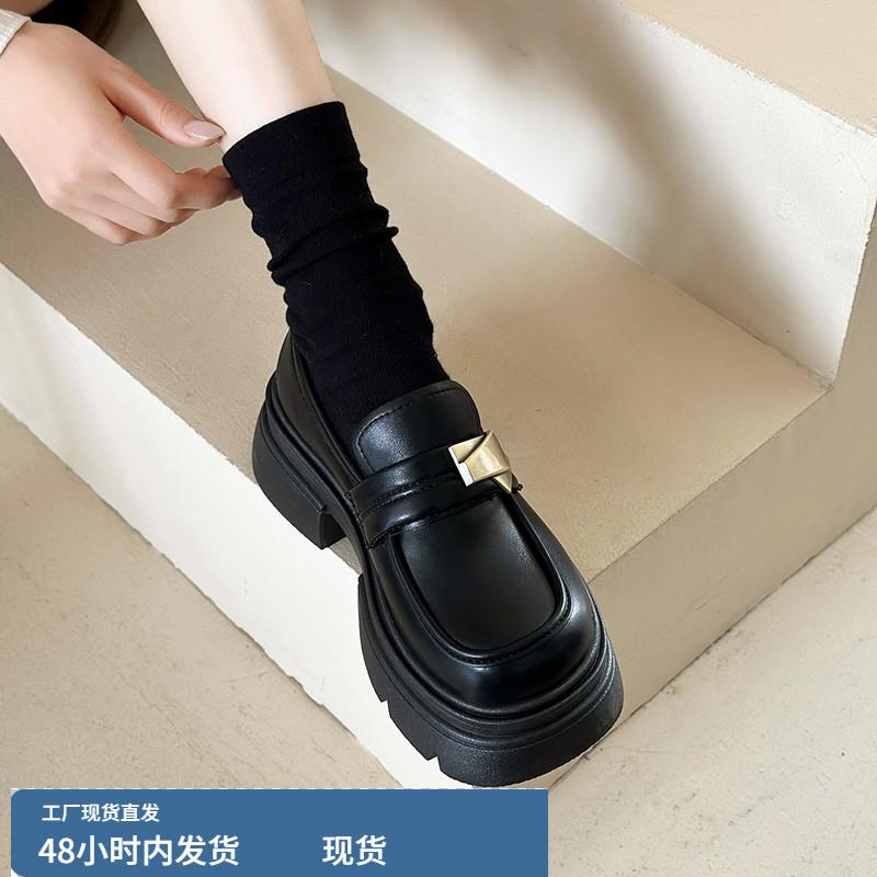 英伦风厚底乐福鞋女2024新款秋冬增高真皮黑色jk小皮鞋一脚蹬单鞋