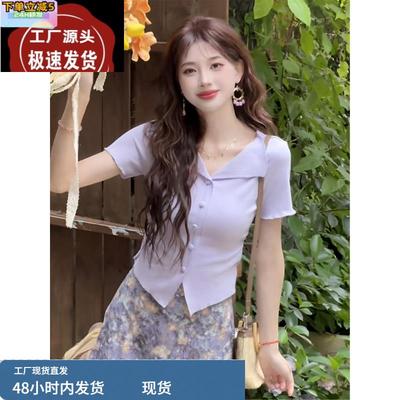 法式高级感浅紫色翻领掐腰短款上衣女夏季新款短袖T恤设计感小众