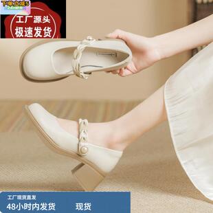 玛丽珍小皮鞋中跟软底浅色高跟鞋汉服鞋法式晚风单鞋配裙子的鞋子