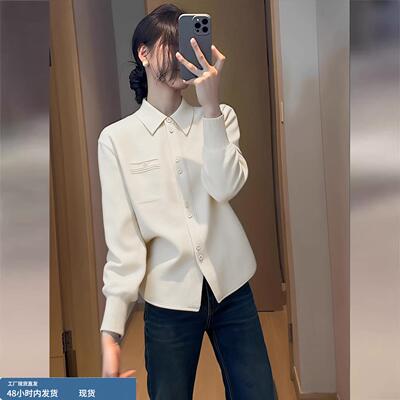 白色衬衫领针织开衫女2025冬季新款轻熟风内搭可外穿通勤毛衣上衣