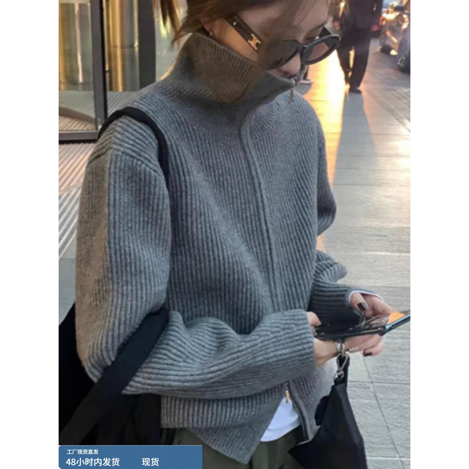 灰色双拉炼高领针织羊绒开衫女秋冬加厚%纯羊毛百搭新毛衣外套