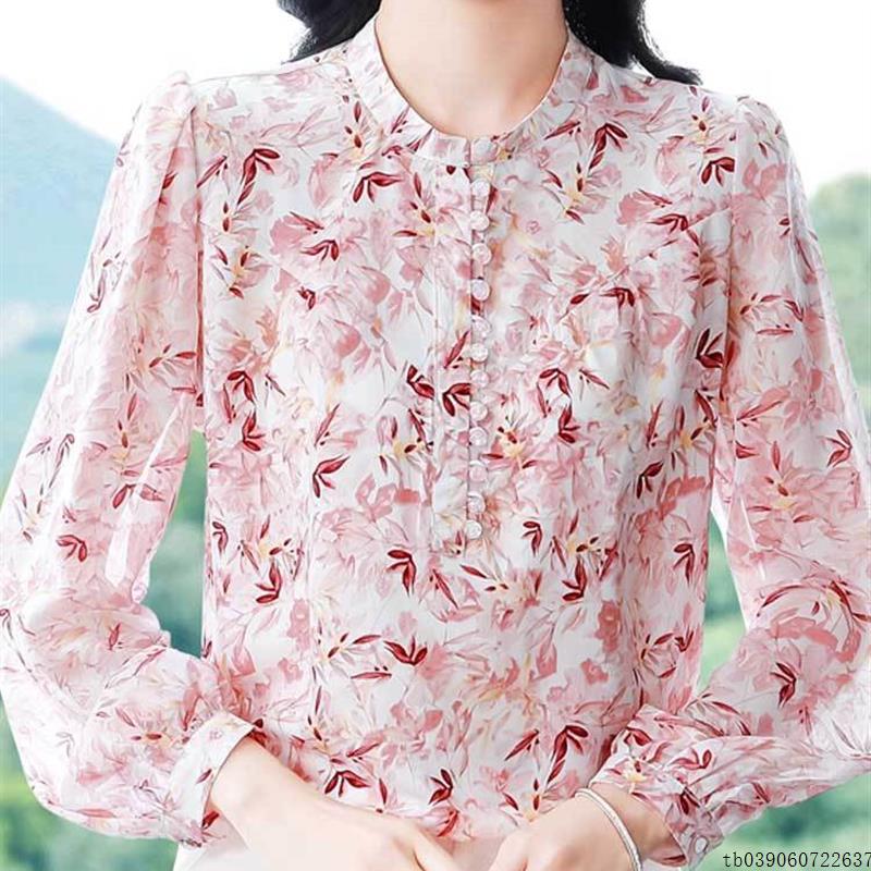 高端贵妇人碎花长袖衬衫女早秋洋气减龄妈妈打底小衫气质雪纺上衣