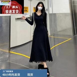 赫本风气质显瘦设计感蕾丝拼接针织打底连衣裙子 大码 春季 新款 法式