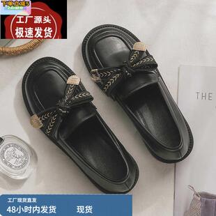 羊皮版~秋季英伦风黑色小皮鞋女一脚蹬乐福鞋配小裙子的鞋子单鞋