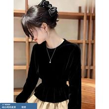 设计感假两件黑色丝绒衬衫女秋冬新款独特气质赫本风法式小资上衣