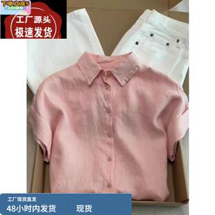 薄款 粉色苎麻棉麻短袖 夏季 衬衫 亚麻休闲衬衣Polo领上衣 女2025新款