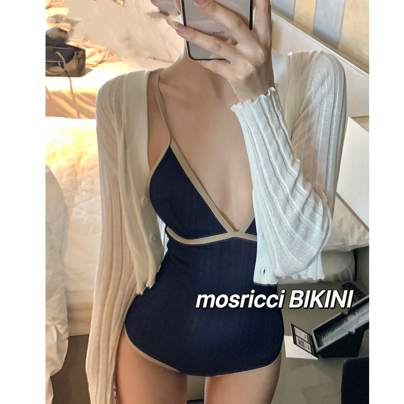 连体泳衣女2025新款高级感V领纯欲性感露背遮肚显瘦罩衫长袖小众