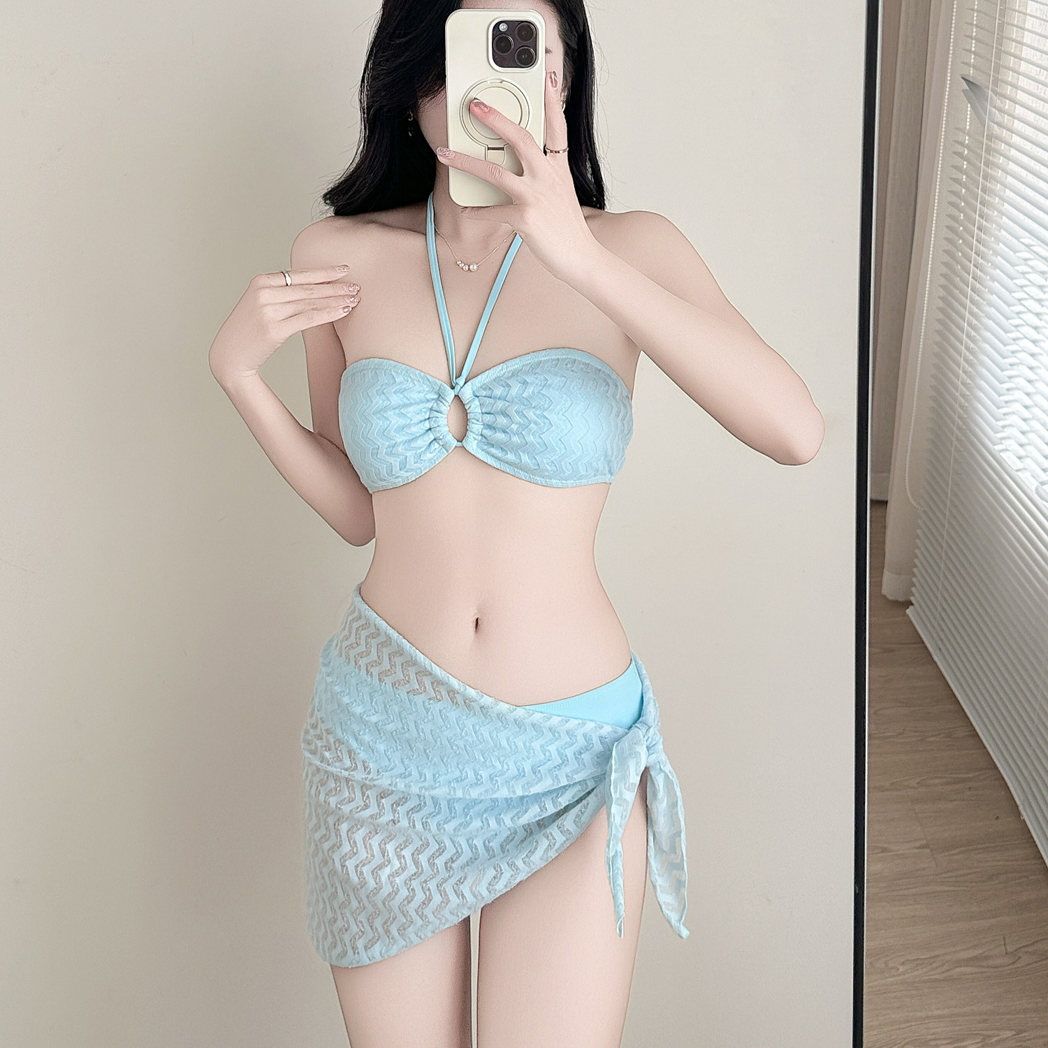 比基尼泳衣女性感纯欲显瘦带胸垫挂脖系带三件套蓝色辣妹海边度假