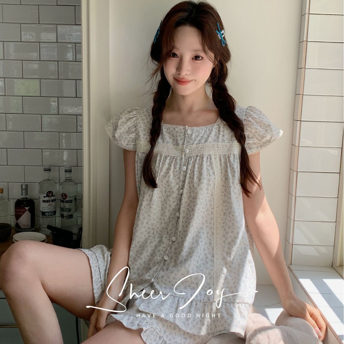 双层纱小甜豆系列少女韩版碎花纯棉夏季睡衣短袖短裤家居服套装