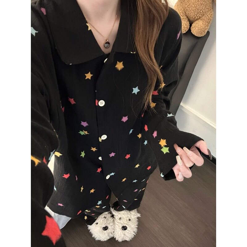 韩系彩色星星印花棉纱睡衣女款春秋季软糯亲肤长袖长裤家居服套装