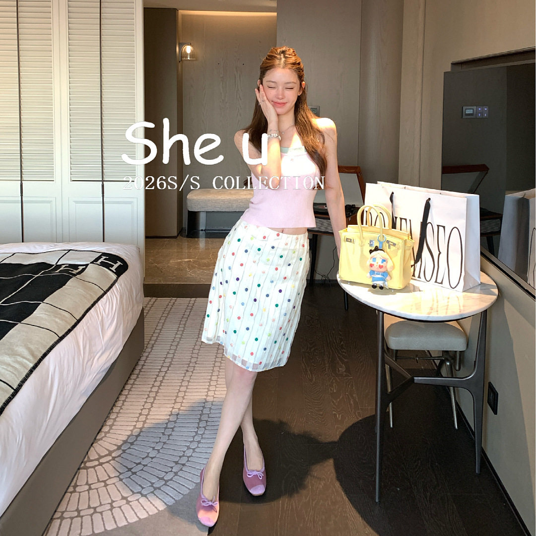 SHE U 甜美风波点网纱半裙女2026夏季新款百搭半身裙子