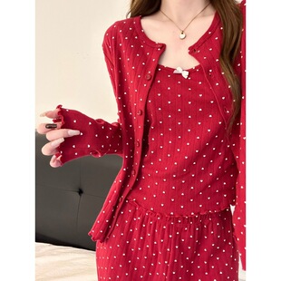 甜美少女爱心印花吊带睡衣女春秋季新款家居服大码开衫长裤三件套