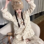全棉睡衣甜美丝柔花边小熊波点圆领家居服套装 韩版 女 珍妮茶会
