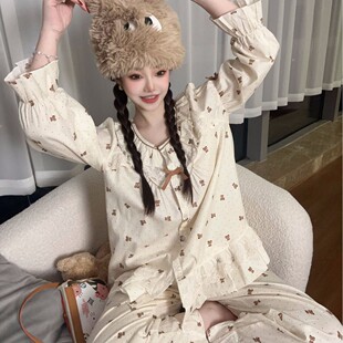 全棉睡衣甜美丝柔花边小熊波点圆领家居服套装 韩版 女 珍妮茶会