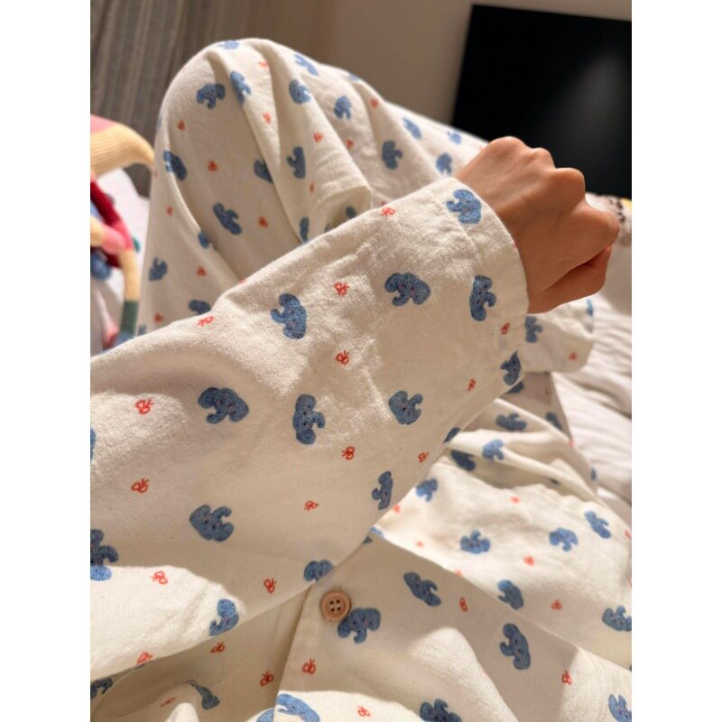 日系可爱大象长袖睡衣女款春秋款大码开衫家居服大码两件套可外穿