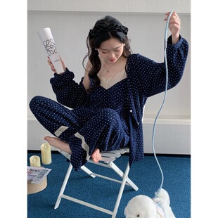 韩系蓝色波点蕾丝拼接棉纱睡衣女款 春夏亲肤透气家居服三件套外穿