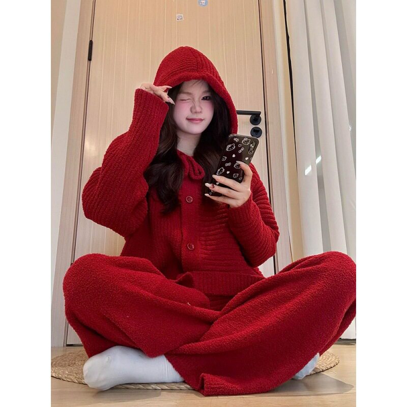红色高级感条纹针织半边绒睡衣女款秋冬季大码加厚保暖家居服套装