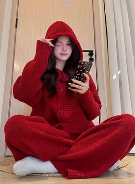 红色高级感条纹针织半边绒睡衣女款秋冬季大码加厚保暖家居服套装