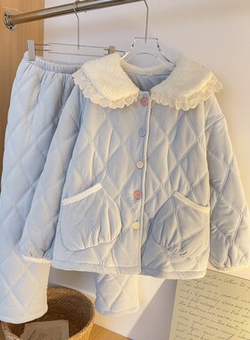 奶呼呼蓝色蕾丝夹棉睡衣女冬季2025新款大码加厚保暖家居服套装冬