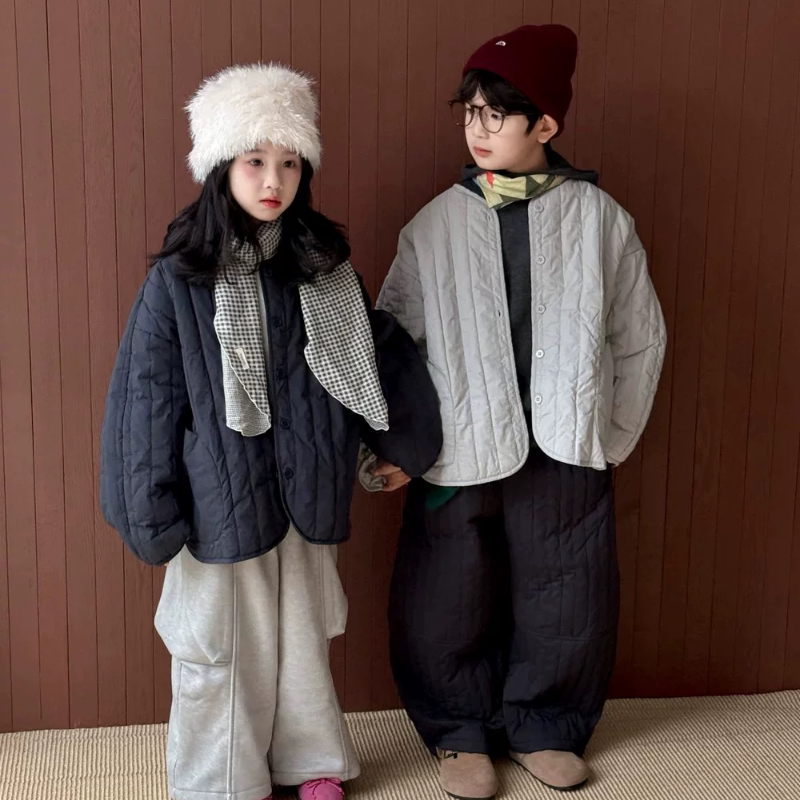 末小蒙童外套2026秋冬男女童韩版圆领短款棉衣儿童加厚竖条外套
