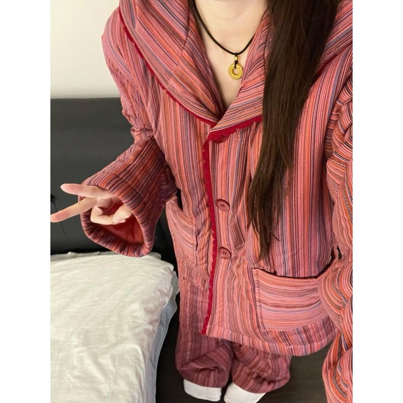 韩系慵懒风红色条纹连帽夹棉睡衣女秋冬加厚保暖家居服套装可外穿,女士内衣/男士内衣/家居服,睡袍/浴袍,淘宝优惠券,粉丝福利购,淘宝优惠卷