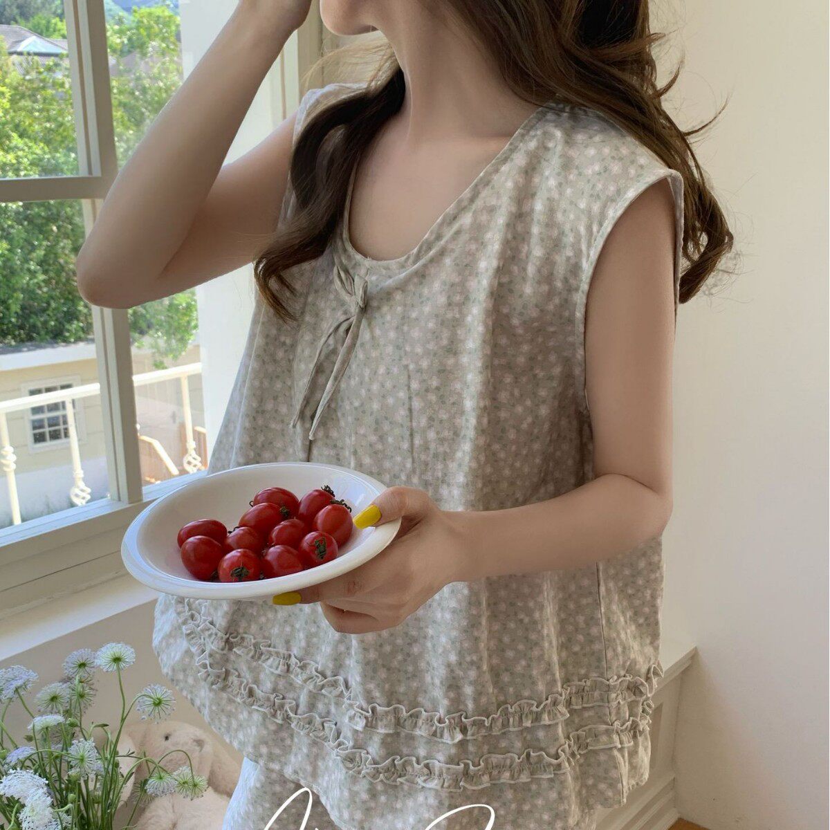 印花睡衣女松间花信系列夏季新款无袖短裤套装甜美风少女家居服