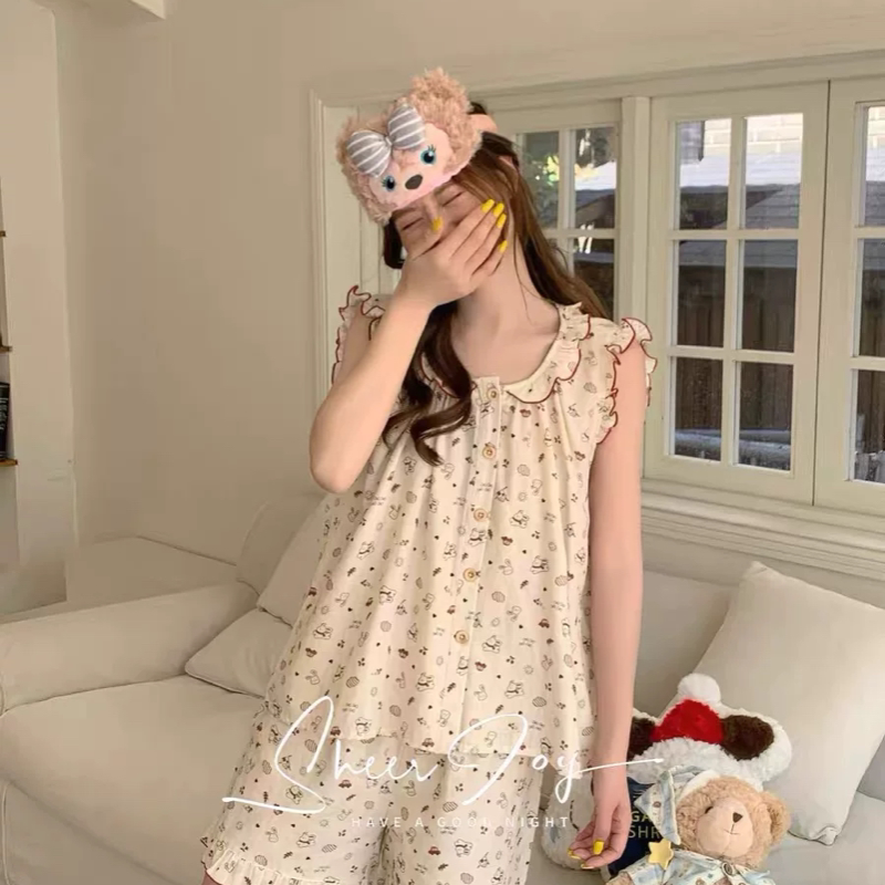 纯棉韩系甜美睡衣2026新款明媚少女系列花边无袖短裤夏季家居服