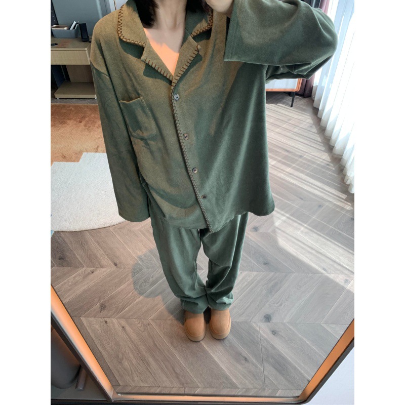 韩版高级感德绒睡衣女秋冬季宽松德绒长袖长裤家居服套装可外穿