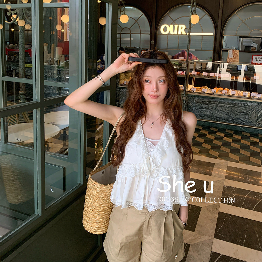 SHE U 少女法式甜美风荷叶边蕾丝背心2026夏季新款百搭显瘦上衣