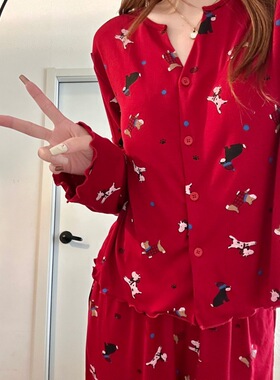 圣诞红色卡通印花睡衣套装女款2025秋季新款柔软舒适家居服可外穿