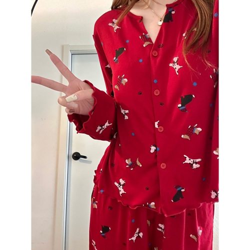 圣诞红色卡通印花睡衣套装女款2025秋季新款柔软舒适家居服可外穿
