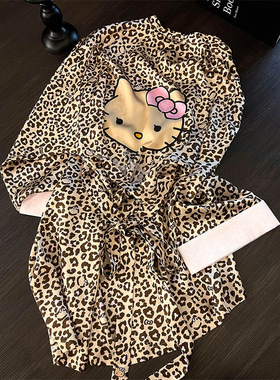 气质豹纹Hello Kitty冰丝睡袍女2025春秋季新款长袖开衫家居睡裙