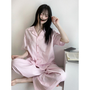 长裤 新款 家居服大码 休闲套装 ins甜美少女翻领短袖 韩版 睡衣女夏季