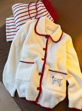 韩版撞色针织半边绒睡衣女冬季2025新款保暖加厚家居服套装可出门