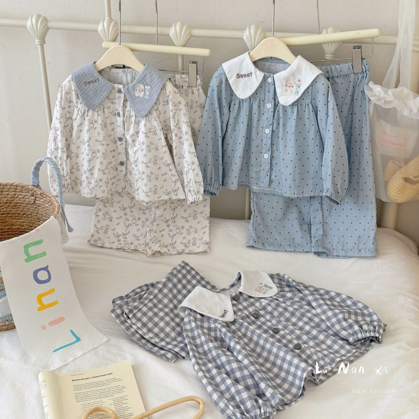 里南希 女童家居服睡衣套装年早秋新款纯棉棉纱刺绣娃娃领长袖