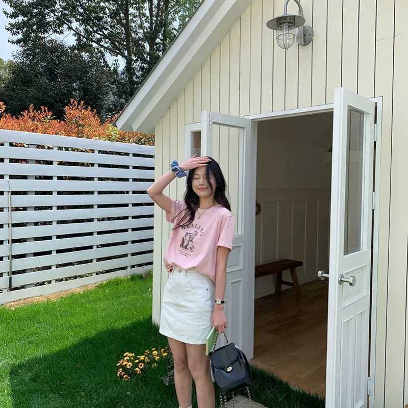 夏日协奏 可爱小猫字母印花圆领短袖T恤女士百搭棉质上衣
