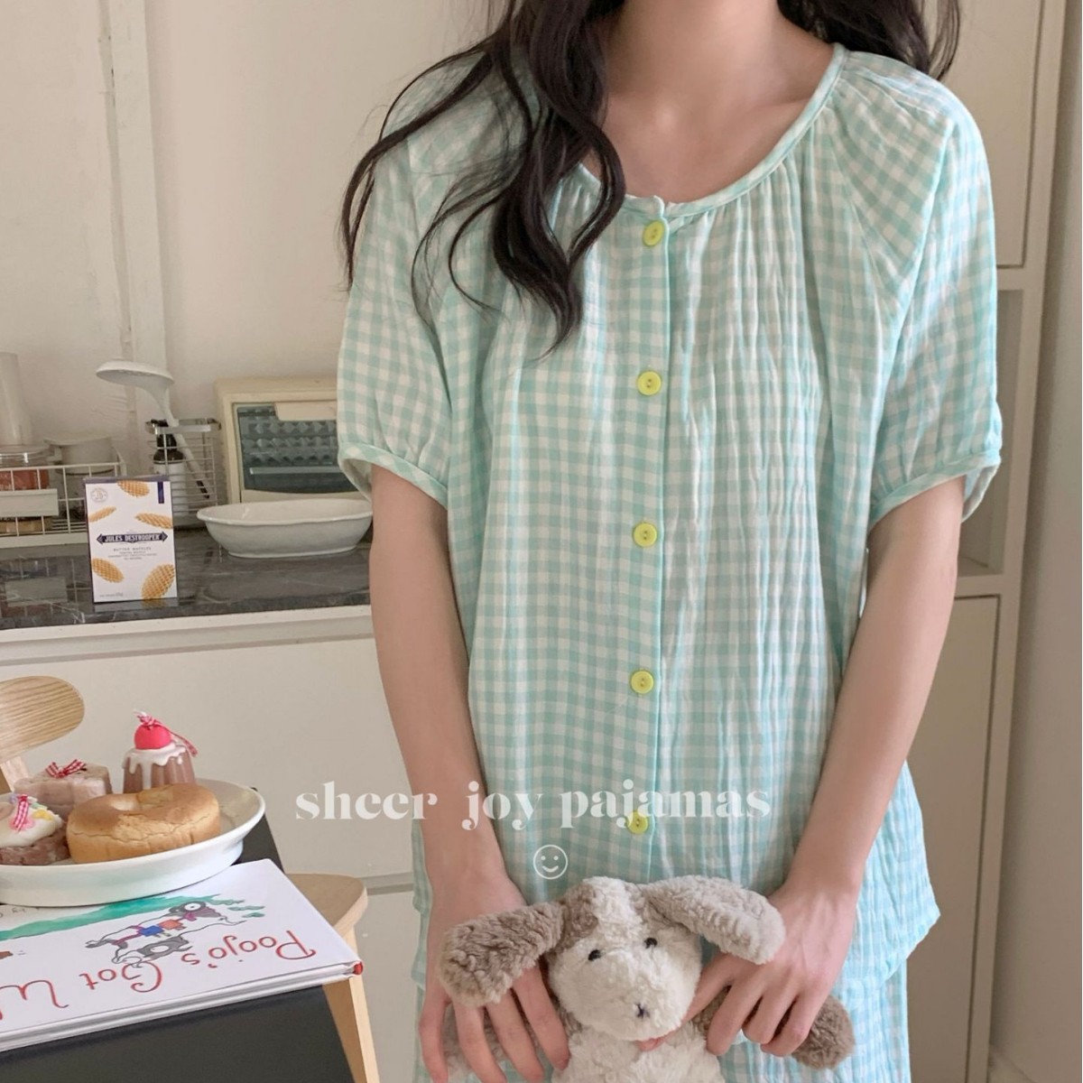 全棉水洗色织双层纱圆领短袖短裤套头睡衣简约格子家居服奶油格子
