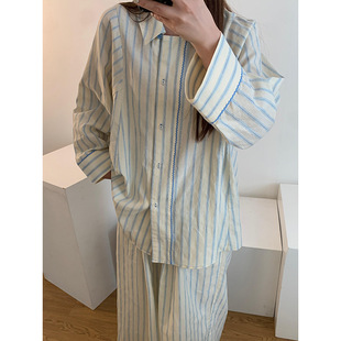 日系少女撞色条纹设计感睡衣女士夏季休闲宽松直筒长裤家居服套装