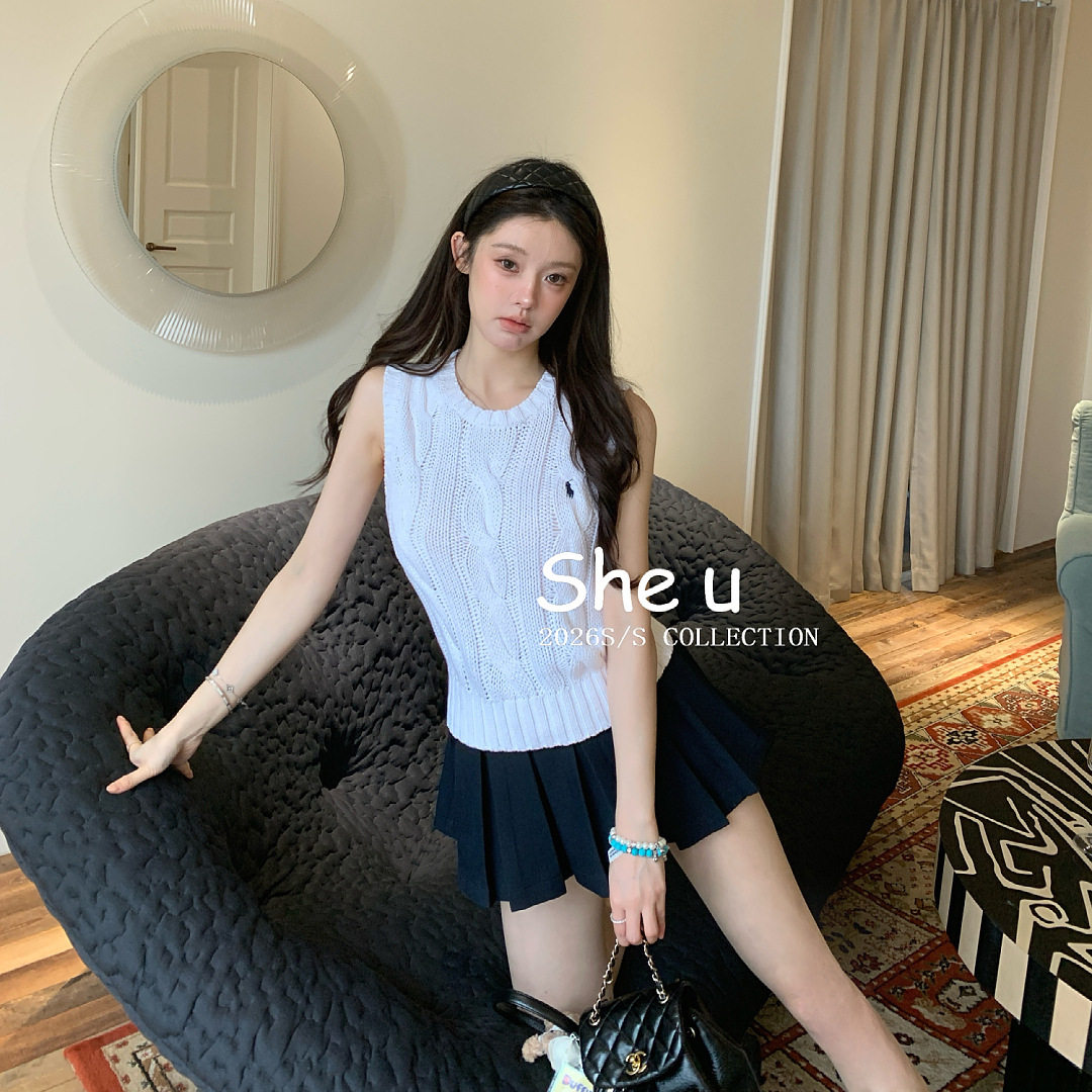 SHE U 少女韩系学院风麻花针织马甲2026夏季款百搭显瘦无袖上衣