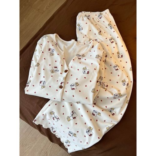 大码甜美温柔卡通印花德绒睡衣套装女2025秋季新款亲肤舒适家居服