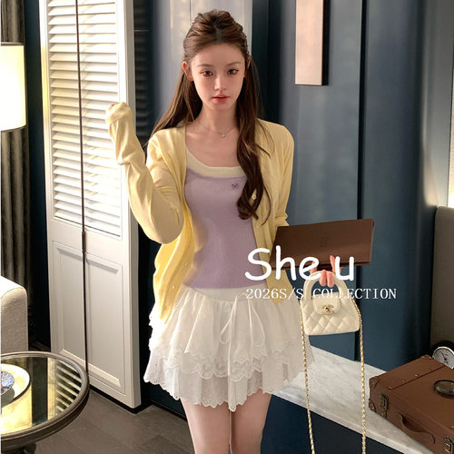 SHE U 纯欲小女人风纯色V领针织衫2026早春百搭显瘦羊毛开衫