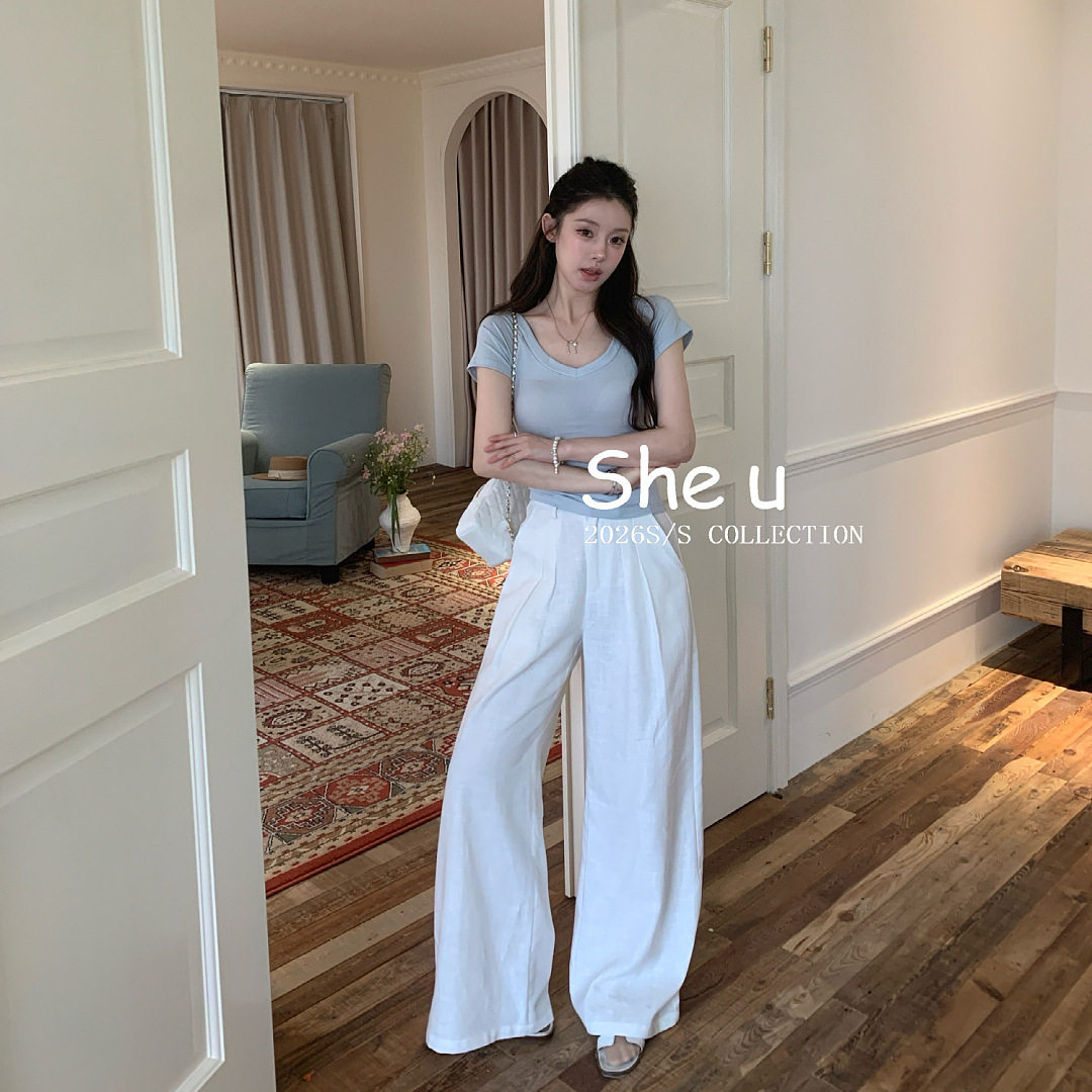 SHE U 韩系简约风蕾丝拼接阔腿长裤2026夏季新款女百搭宽松长裤子