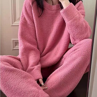 粉色高级感纯色针织半边绒睡衣女秋冬季加厚保暖2025新款居家套装