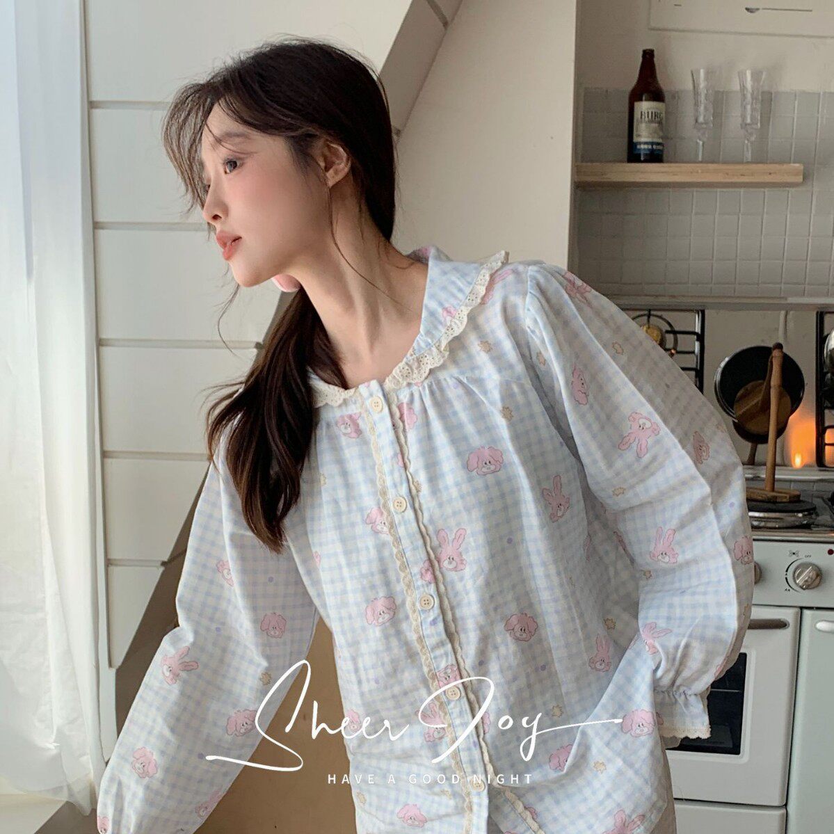 A类全棉双层纱海岛花园长袖长裤蕾丝休闲宽松碎花套装家居服女生