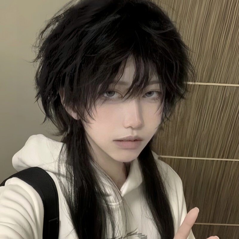 水母头假发男层次感拖尾日系狼尾打毛头顶哑光发丝蓬松自然全头套