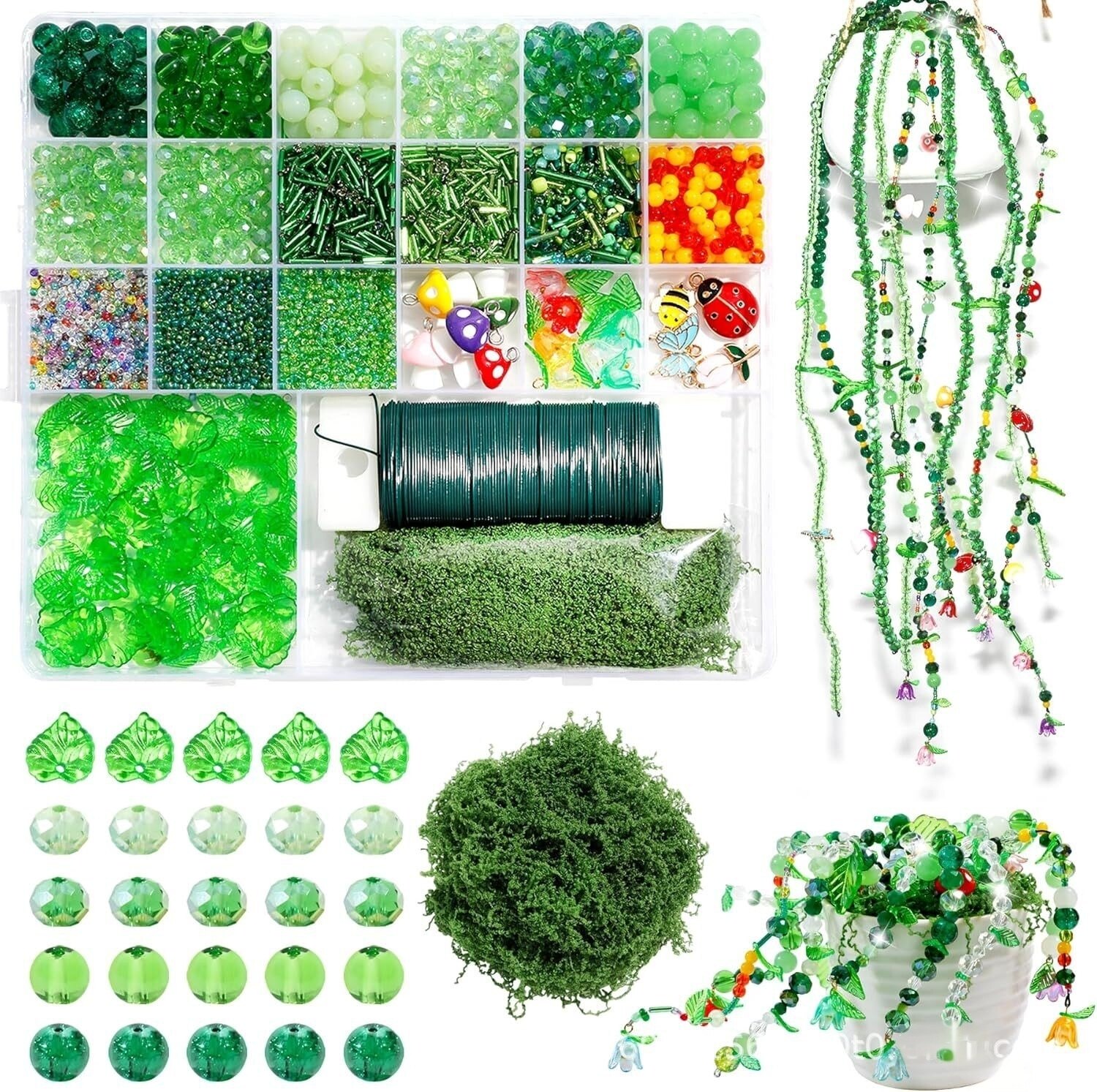 绿色玻璃珠植物盆栽串珠套装手工制作花叶散珠子DIY plant摆件