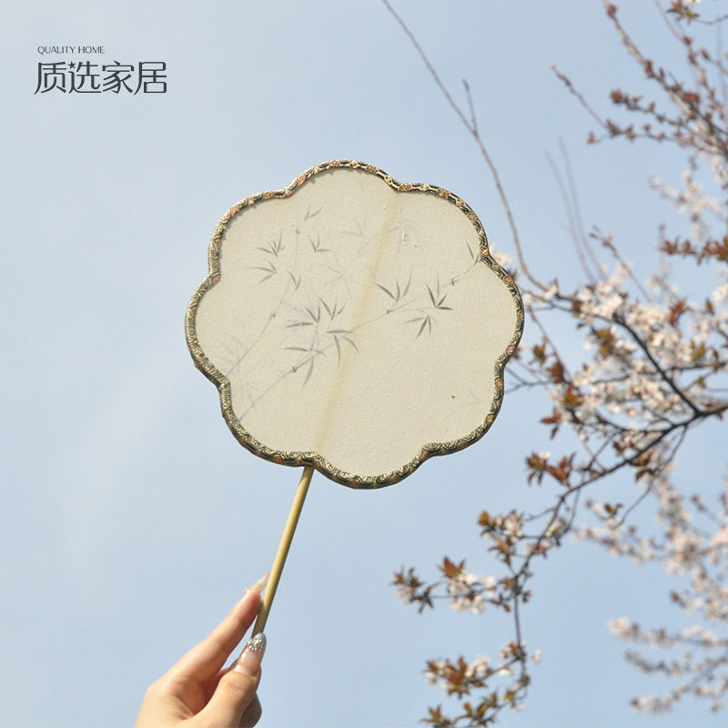 中式古风团扇竹叶刺绣手持扇国风汉服儿童舞蹈拍照道具古装扇子